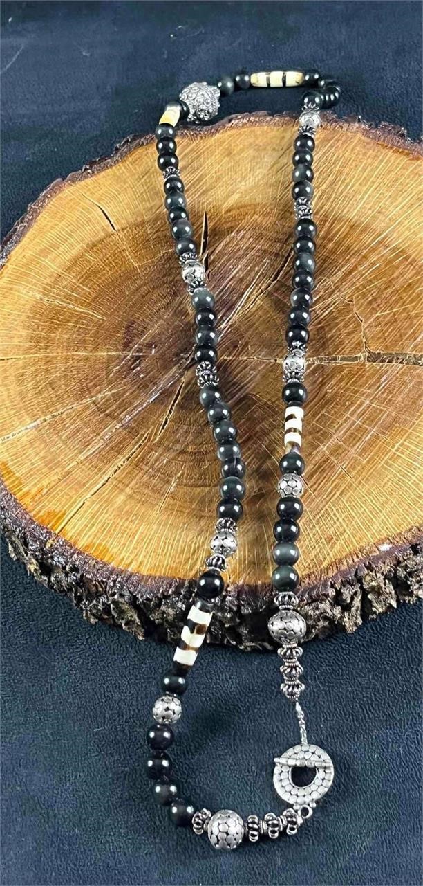 Natural Black Stone and Sterling Silver Necklace