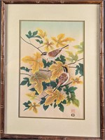 Vintage Framed Ukiyo-e Framed Woodblock Print Bird