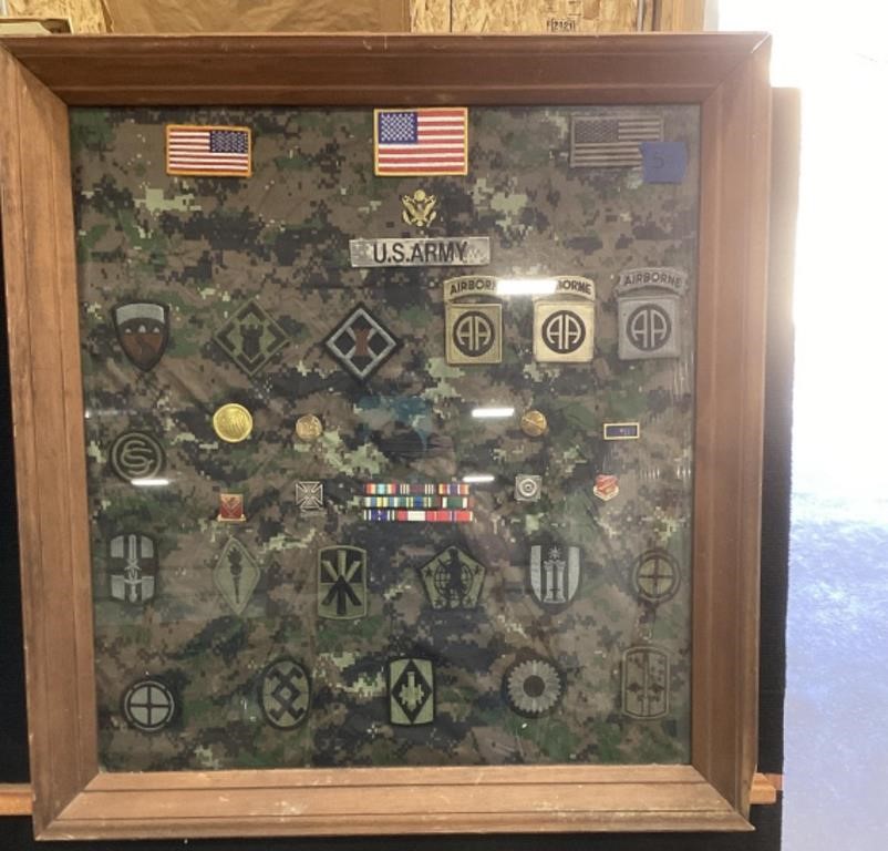 Wood framed US Army patches & awards-27.75 x 29.5