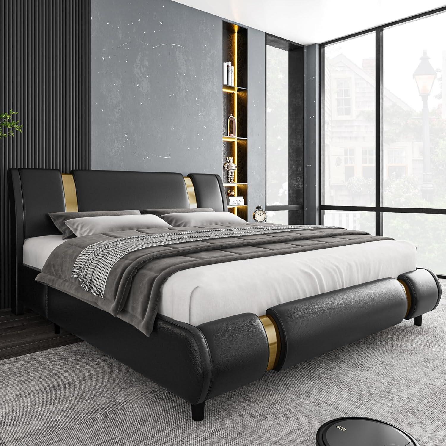 TTVIEW Faux Leather Bed  Queen  Black-Gold