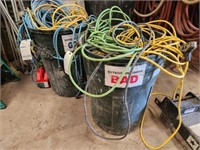 GROUP OF VARIOUS EXTENSION CORDS, W/ TRASH CAN