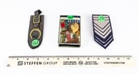 Box of Military Pendants, Badges, Horse Shoe Fob