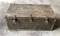Vintage wooden trunk has interior tray that