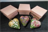 3 Cloisonne enamel floral heart ornaments