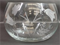 Hand Cut Glass Bowl with Frosted Floral Design