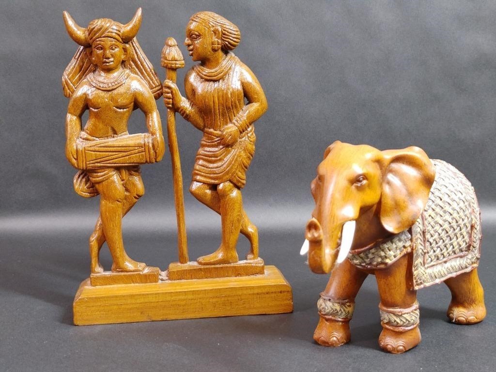 Carved Wood Elephant and Tribal Indian Couple