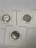 3x Canadian 10 Cent Coins - 2021, 1981, 1967