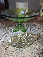 MCM GREEN FOOTED COMPOTE BOWL AND LEAF DECOR