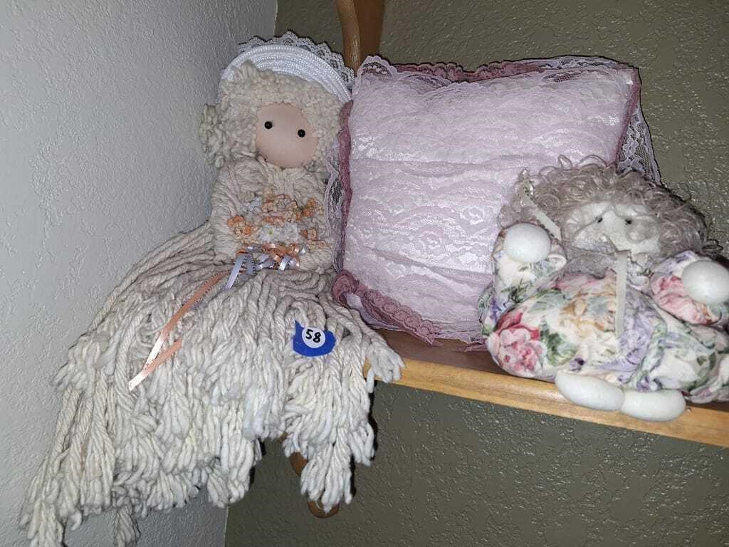 MOP HEAD DOLL, PILLOW AND STUFFED DOLL.