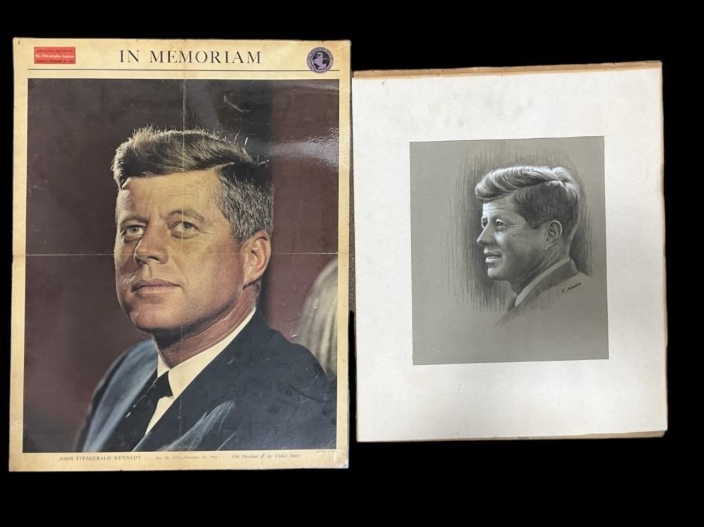 JFK Poster and Signed Sketch Portrait Circa 1960's