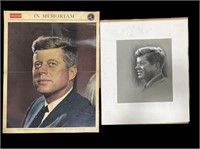 JFK Poster and Signed Sketch Portrait Circa 1960's