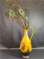 Unique Wooden Vase/Pitcher & Faux Peacock Feathers