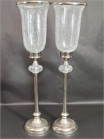 Pair Crackled Glass Silvertone Hurricane Lamps