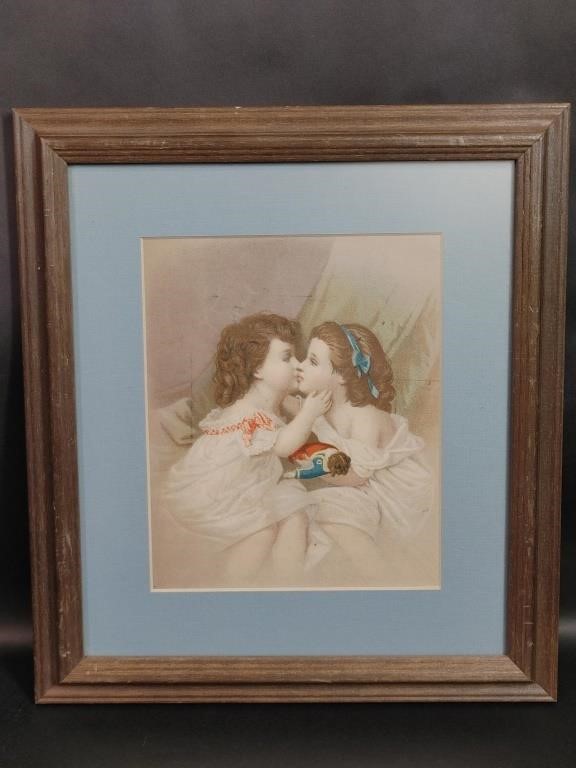 Vintage Victorian Girls Kissing in Custom Frame