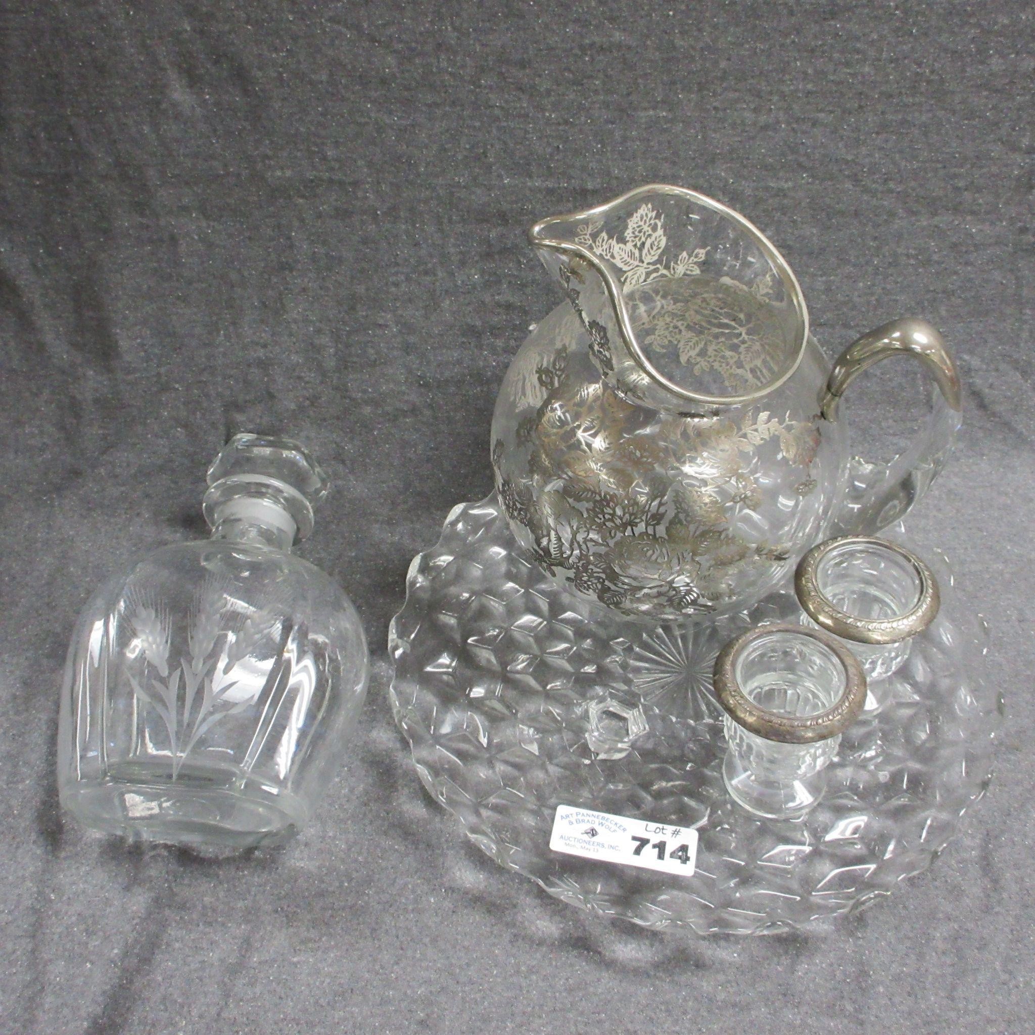 Silver Overlay Water Pitcher, Etched Decanter