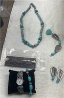 Turquoise watch, bracelet, earrings, necklace