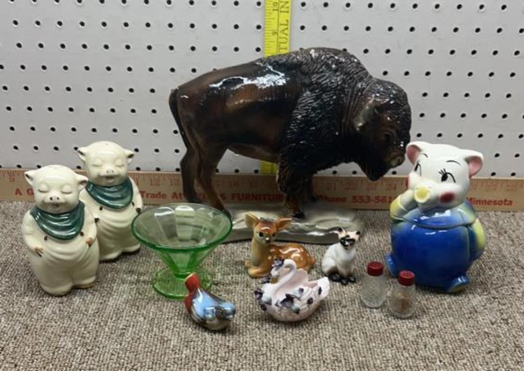 Buffalo figurine, pig S&P, pig candy dish, other