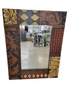 Large Carved Wooden Checkered Mosaic Leaf Mirror