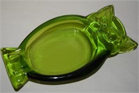 MCM Viking Art Glass Green Owl Dish Ashtray 8.75"