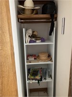 Wooden shelf unit & contents