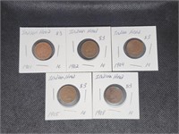 Lot of 5 Indian Head Pennies: 1901, 1902, 1904,