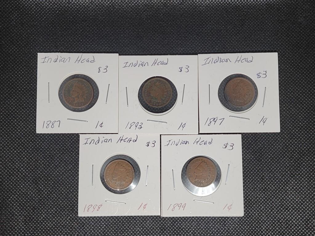 Lot of 5 Indian Head Pennies: 1887, 1893, 1897,
