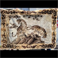 Handmade Pictorial Fur Rug Depicting Tigers