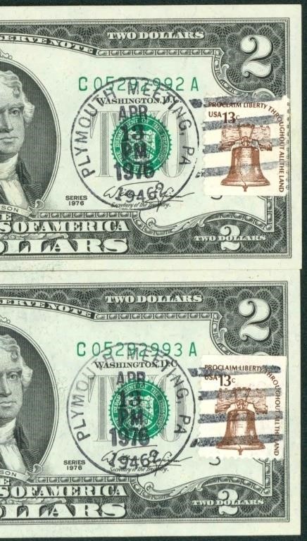 (2 Consecutive) FIRST DAY ISSUE 1976 $2 FRN