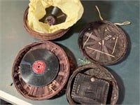 Miniature sewing baskets & Peanuts records