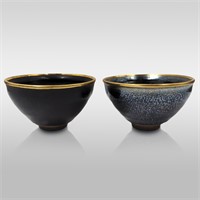 Pair Of Chinese Jian Kiln Glazed Tea Bowls With Br