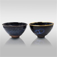 Pair Of Chinese Jian Kiln Glazed Tea Bowls, Oil Dr
