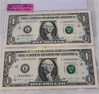2 Consecutive 1988A FRN $1 Star Notes