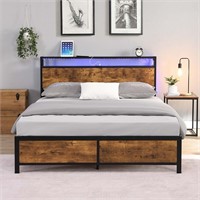 CNANXU Modern Industrial Full Bed Frame with LED