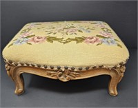 Carved Wood and Needlepoint Footstool