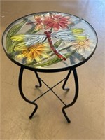 Metal Table with Painted Dragonfly on Glass Top