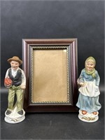 Ceramic Farmer Couple Figurine, Picture Frame