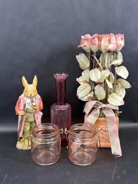 Rabbit Figurine, Pink Glass Vase, Jars, Rose Decor