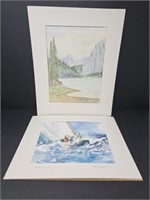 Two Unframed Watercolors Mountains and Sea