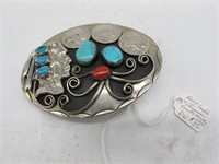 UNIQUE BELT BUCKLE WITH TURQUOISE, CORAL, & COINS