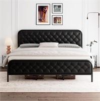 Metal Bed Frame with Faux Leather, King, Black