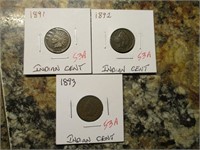 (3) Indian Cents, 1891, 1892, 1893