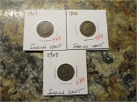 (3) Indian Cents, 1907, 1908, 1909