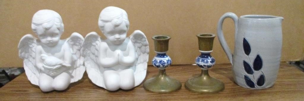 Brass Candlesticks, Angels, Blue Pottery Pitcher