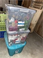 3 containers of Christmas, decorations, and more
