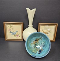Lenox Vase with Bird Pictures and Pottery Bowl