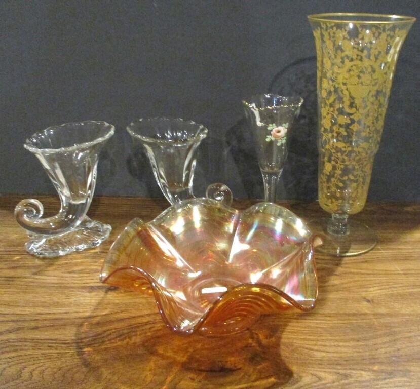 Etched Depression Vase, Carnival Glass Bowl, Misc