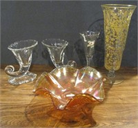 Etched Depression Vase, Carnival Glass Bowl, Misc