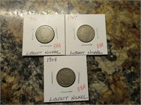 (3) Liberty Nickels, 1906, 1907, 1908