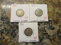 (3) Liberty Nickels, 1909, 1910, 1911