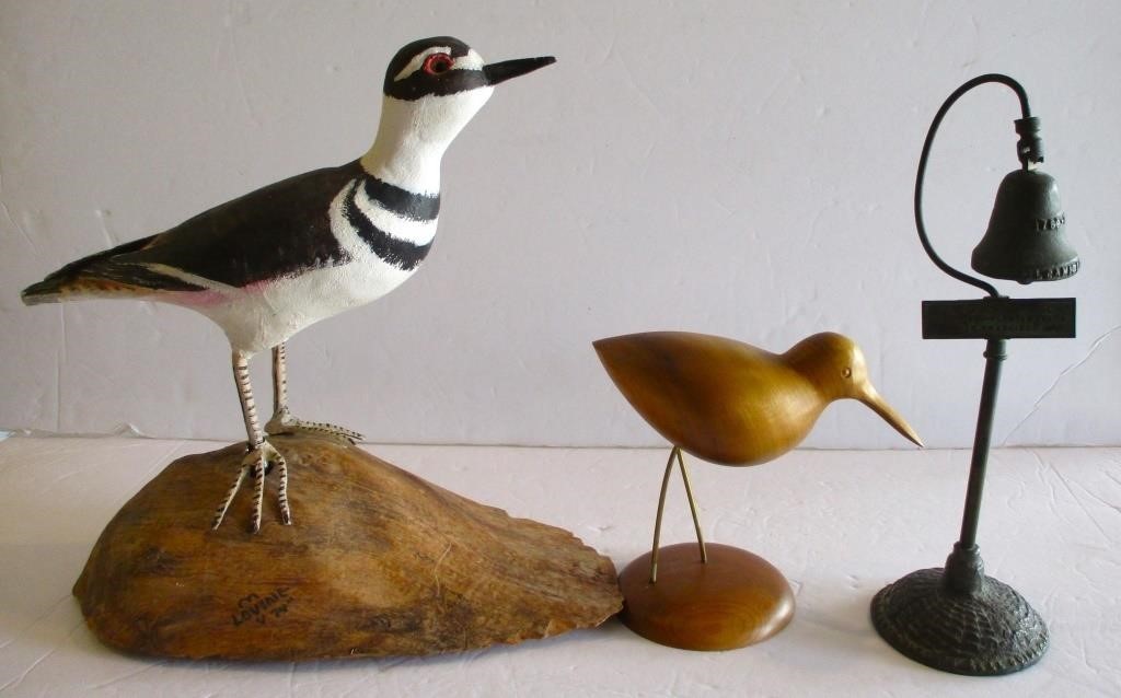 Carved Wood Shore Birds & Metal Souvenir Bell